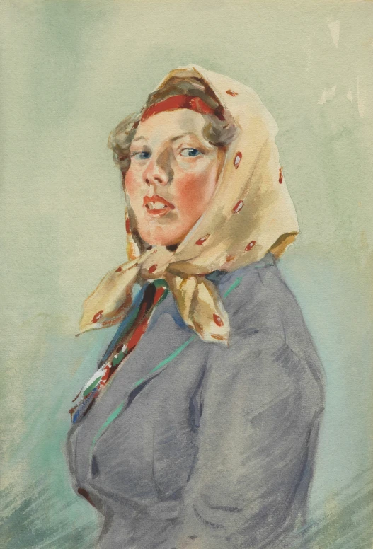 the painting shows an old woman with a scarf over her head