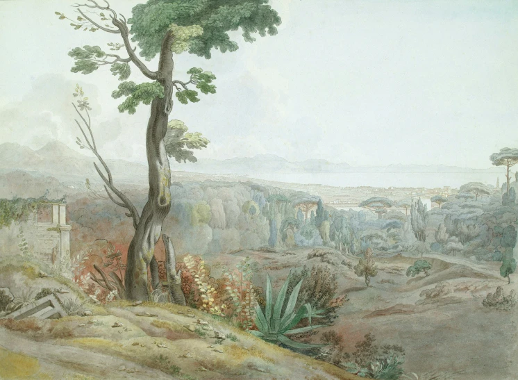 painting depicting an area with trees, rocks, and other things