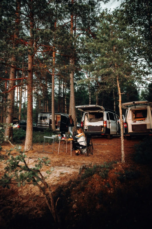 there is an rv parked in a forest with some people