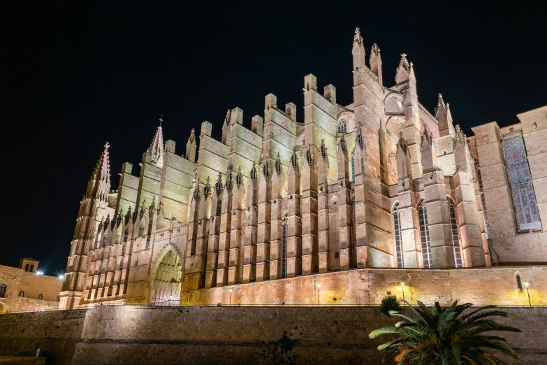 the building has many windows and illuminated spires