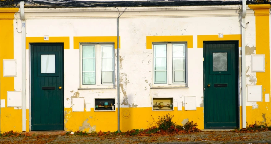 two windows and green doors in a yellow building