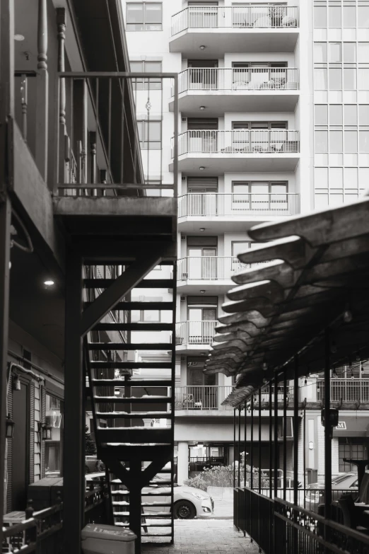 a black and white po of a building with stairs