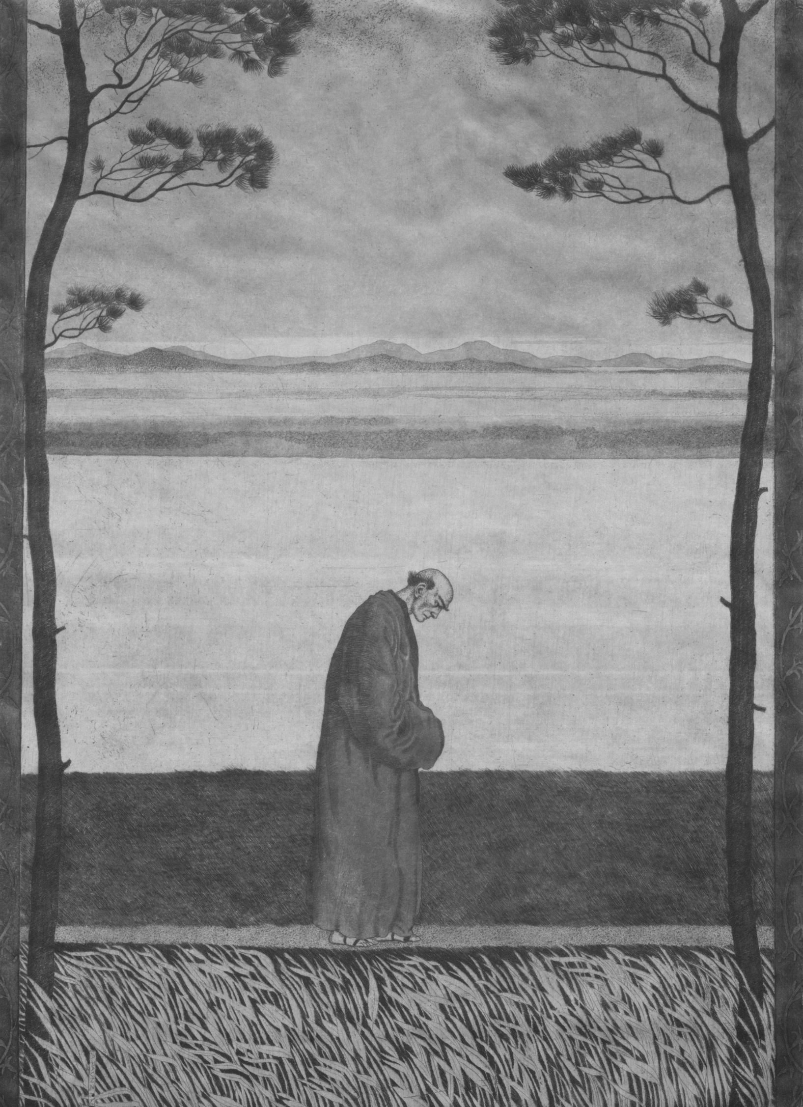 an old man standing by trees looking at the water