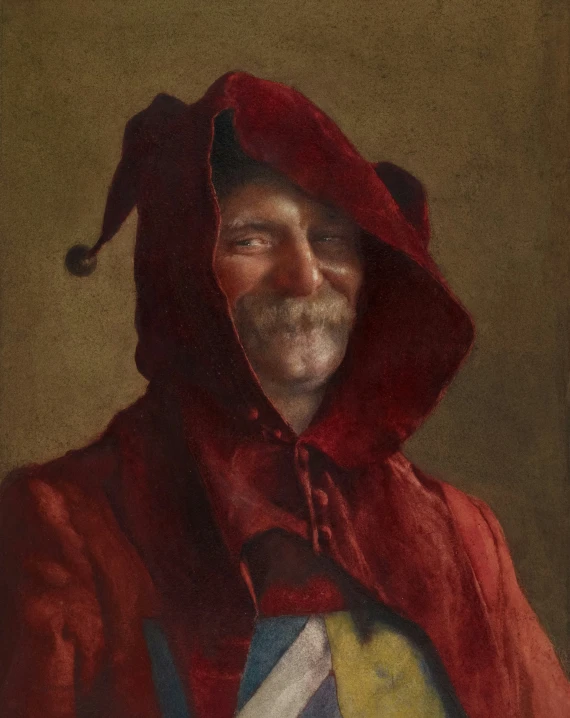 an oil painting shows a smiling man with a red hood