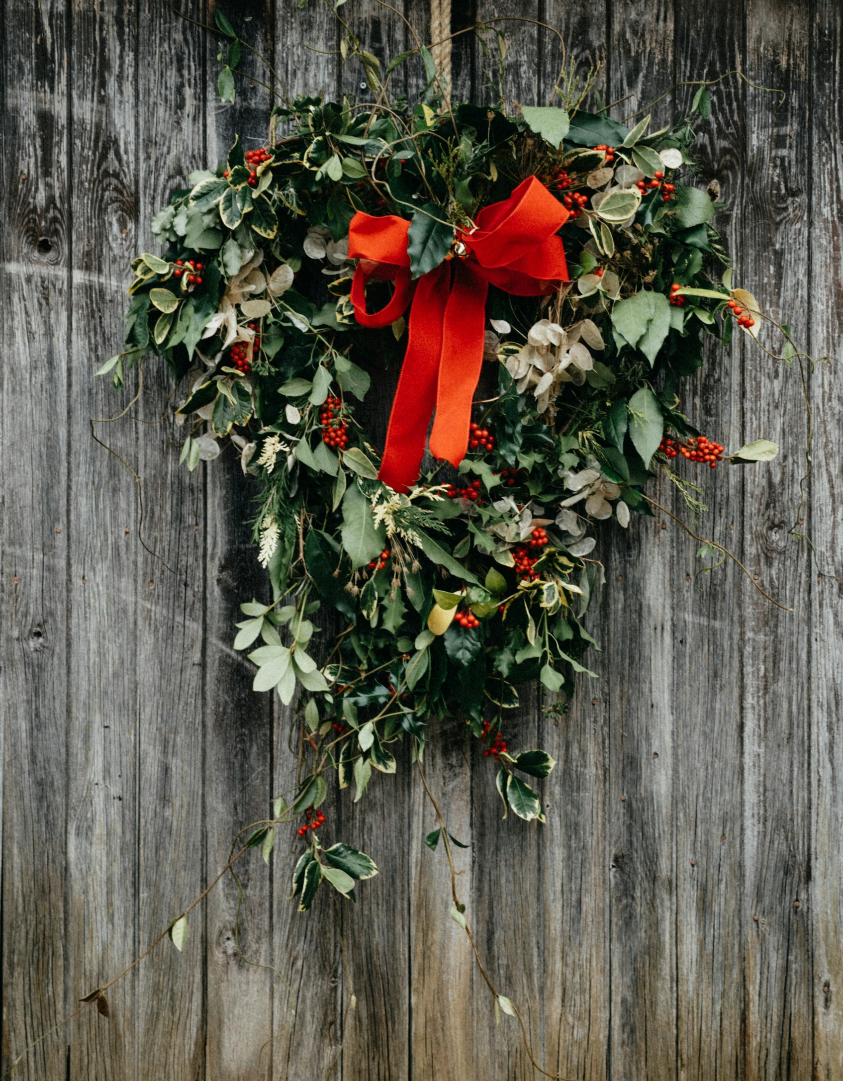 a red bow that is hanging on a wooden wall