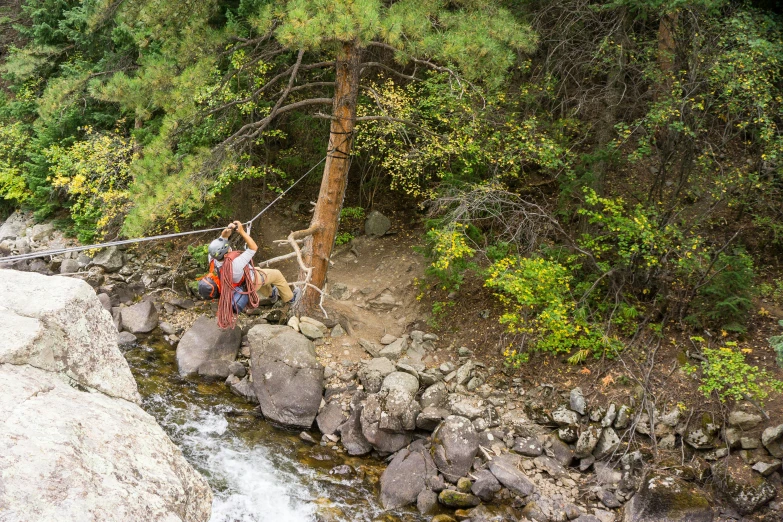 there are some people crossing the rope bridge