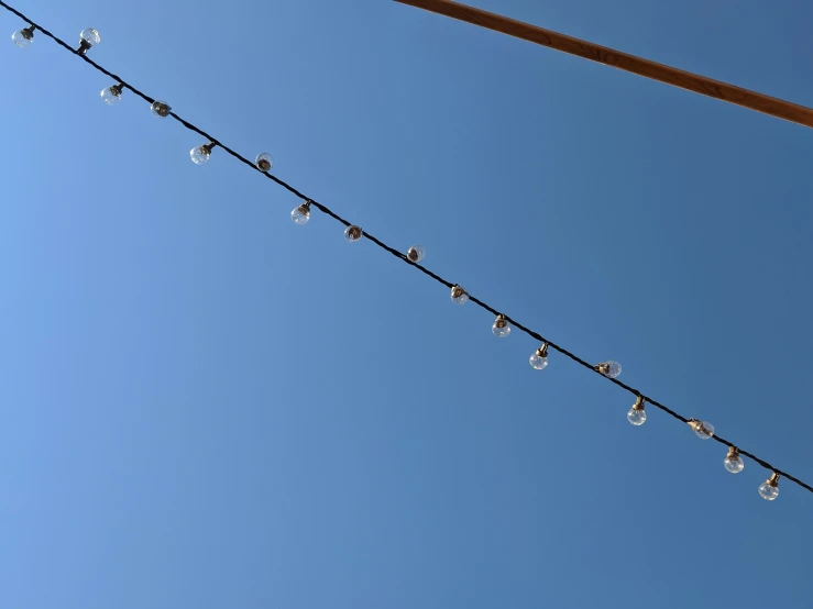 several light bulbs are hanging from a wire