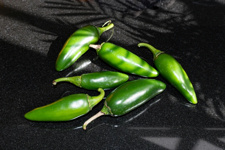 five green peppers with their tops resting on black paper