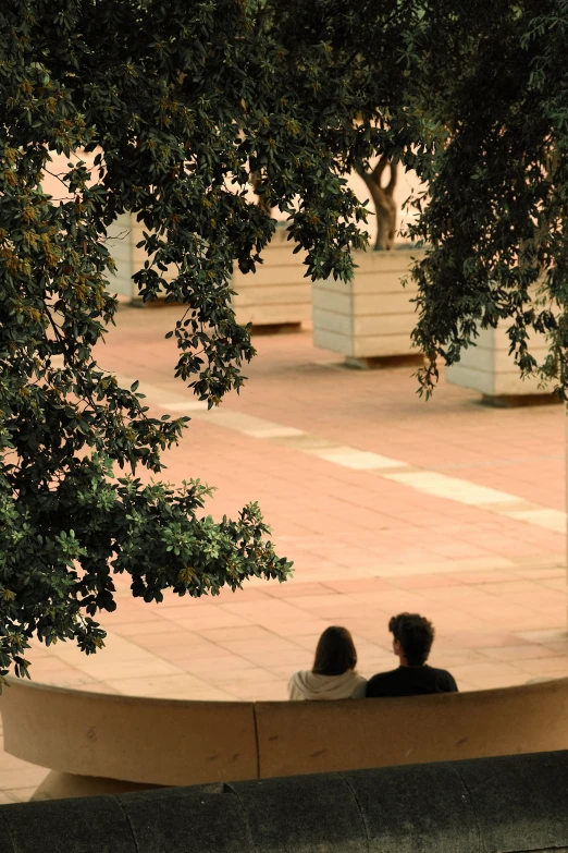 two people sitting on a stone bench with trees and benches around them