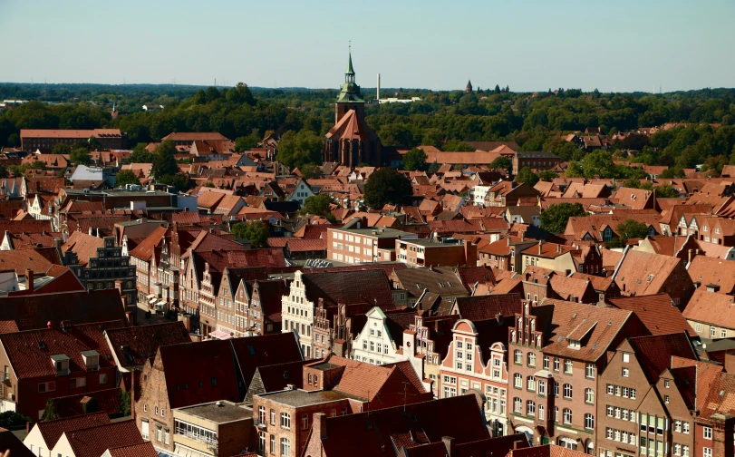 the sky view of buildings near a town