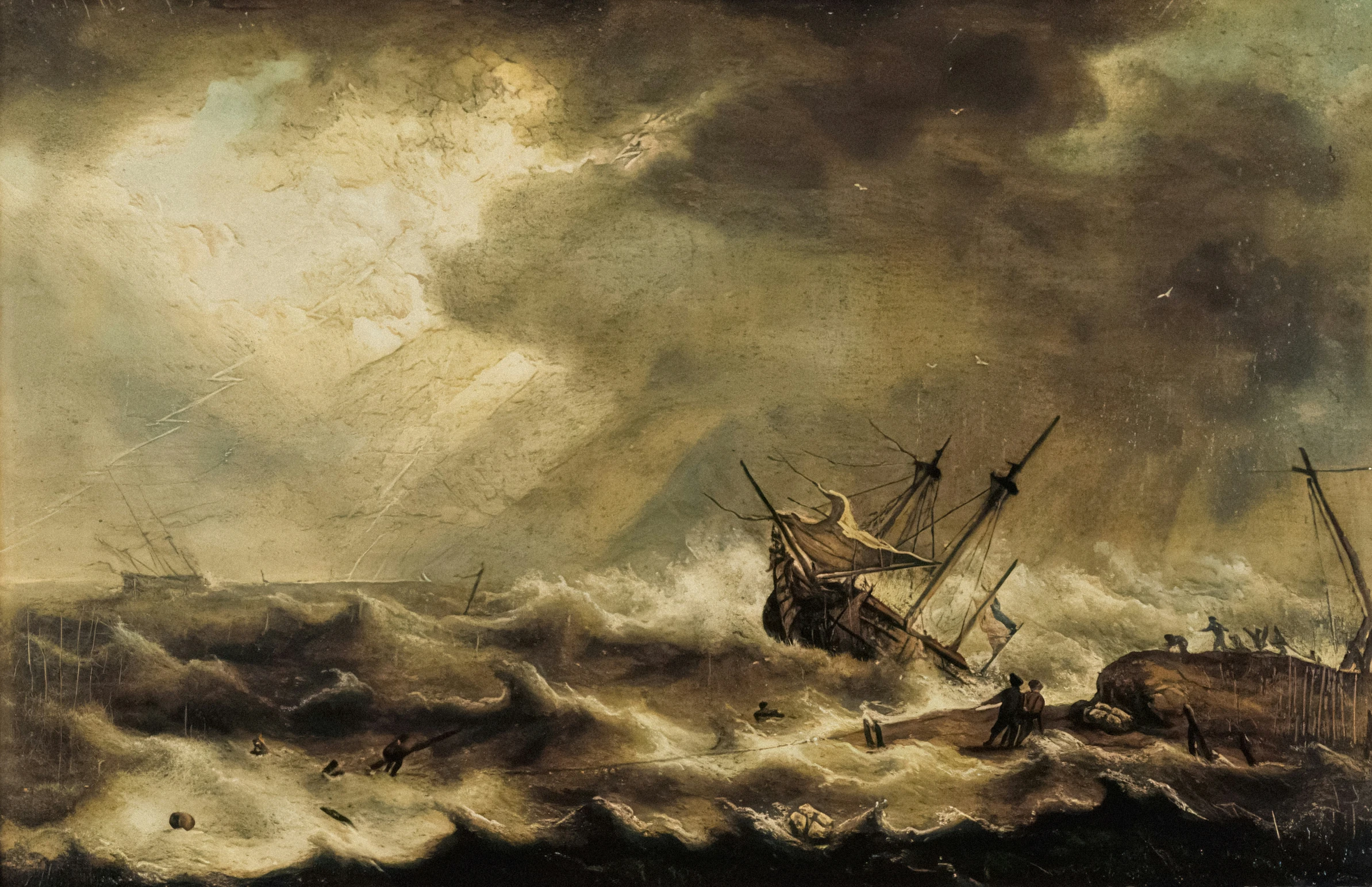 a painting depicting a boat sailing in rough seas with several people