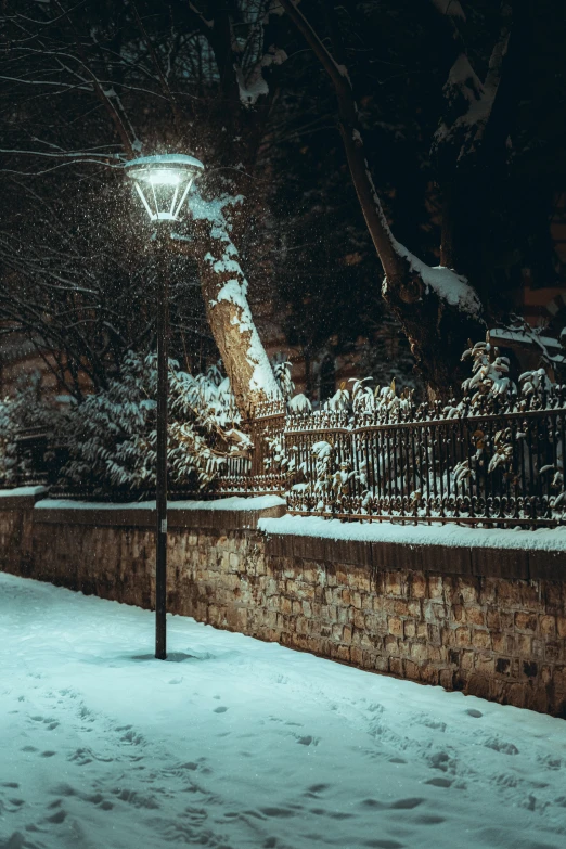 a street light that is over a fence and in the snow