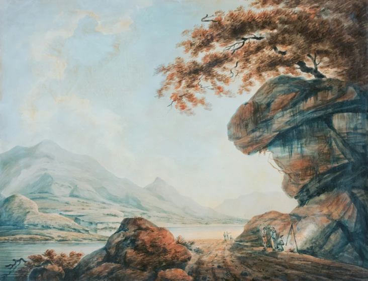 an oil painting on paper of a forest, river, and mountain