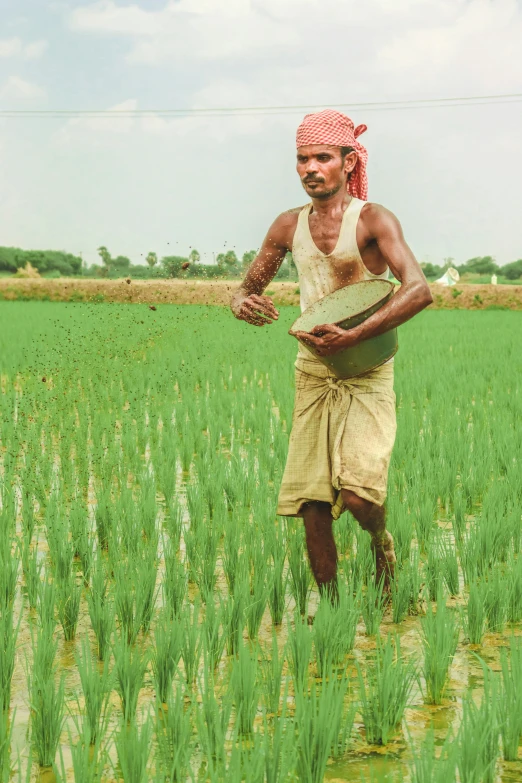 a man stands in a green field with a cloth under his arm