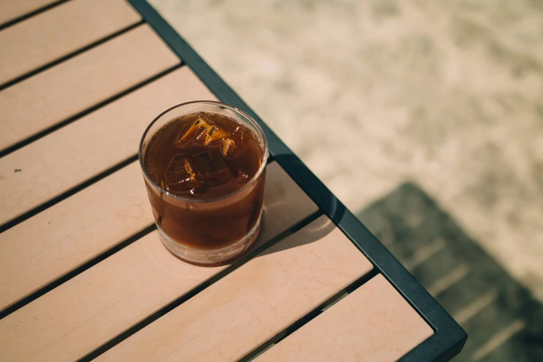 a drink sitting on top of a wooden table