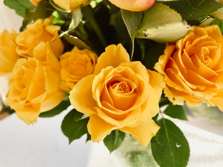 a bunch of yellow roses in a glass vase