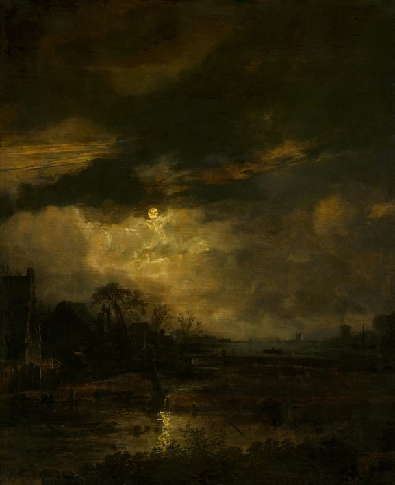 a painting depicting the sun in the cloudy night sky