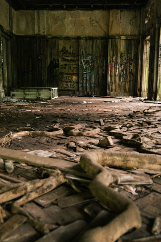 a room with peeling wood floors and graffiti