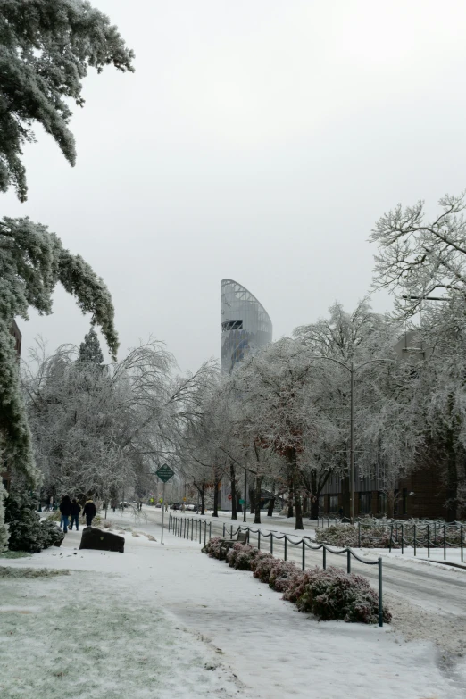 there is a tall tower in the distance across the snowy path