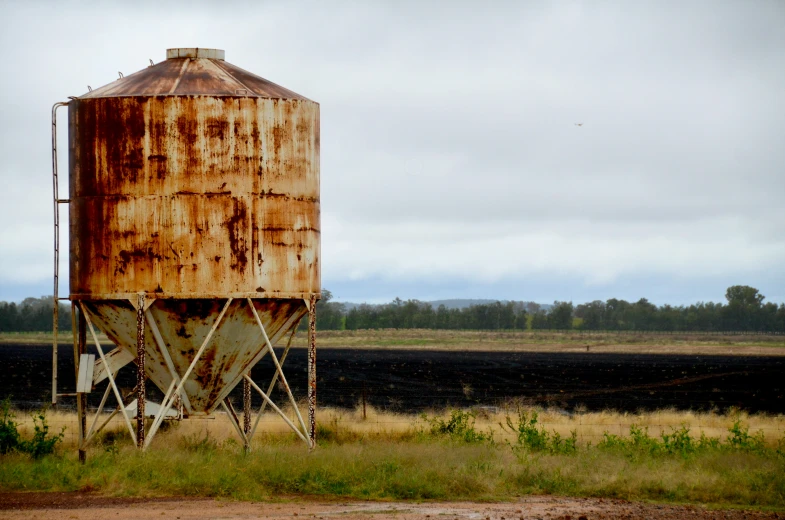 a rusted steel silo is in a green field