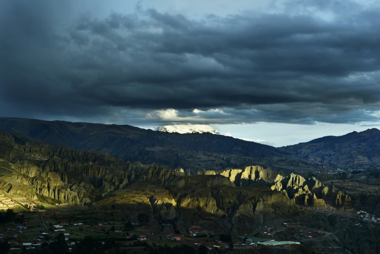 mountain view with dark cloudy skies and mountains and homes