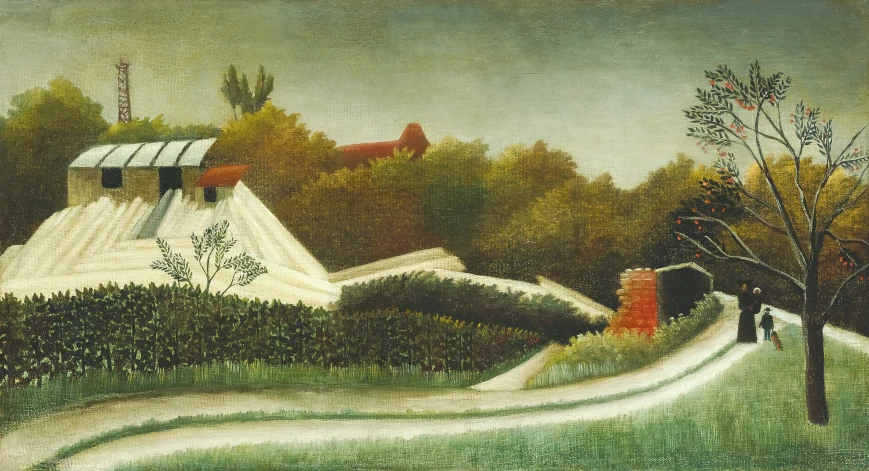 a painting of a snowy path and church on a hill