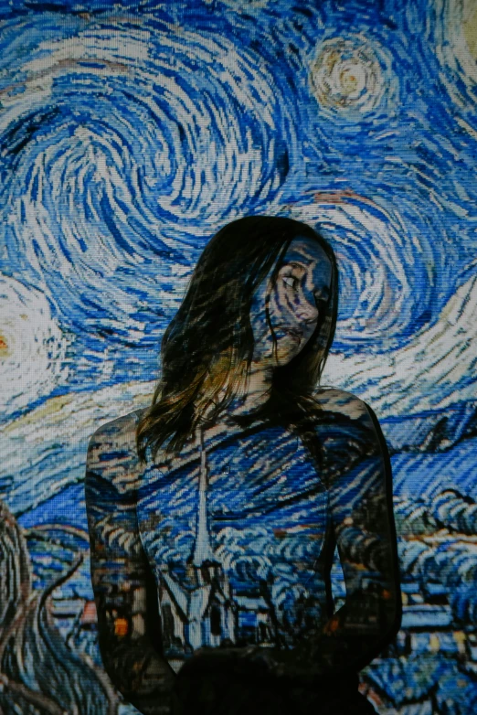 a painting of a woman posing against a backdrop of sky