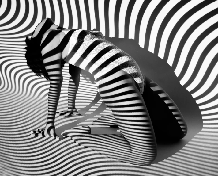 there is an abstract image of a female  standing in a ze - striped room