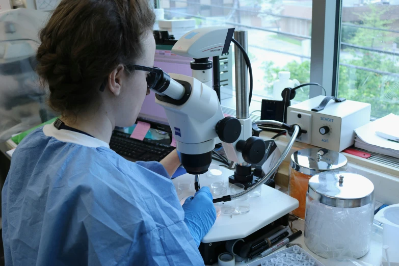 a woman in the hospital looks at a microscope