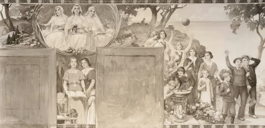 a drawing of a painting shows the life and times of women