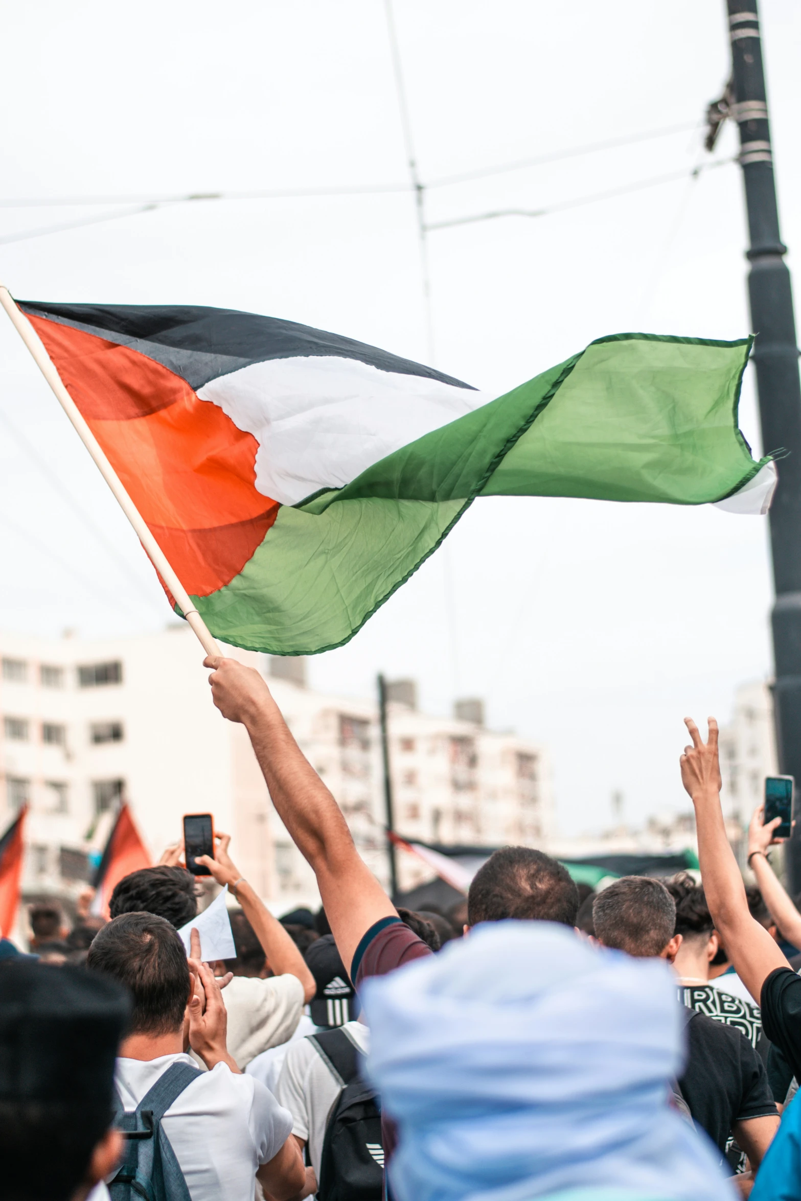 a crowd of people waving a flag in the air