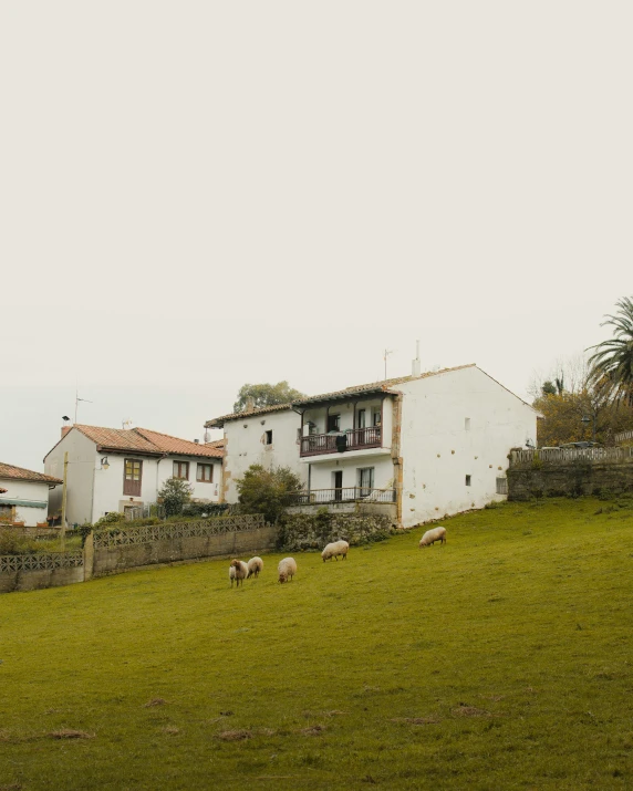 a group of buildings sitting on top of a green hillside