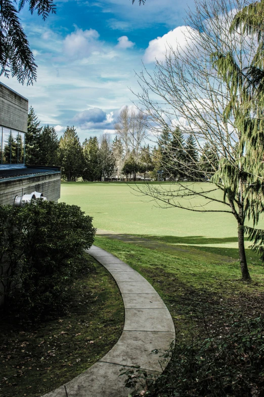 a walkway next to a tree on a grassy field