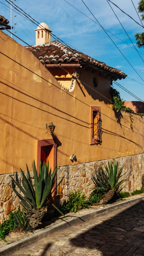 a building with brown brick has some plants on the front