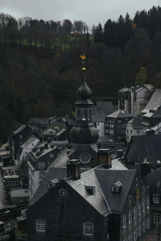 a view of several roofs and buildings in front of a hill