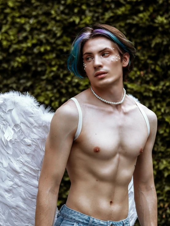 a man in a shirt and tie with blue hair and an angel wing