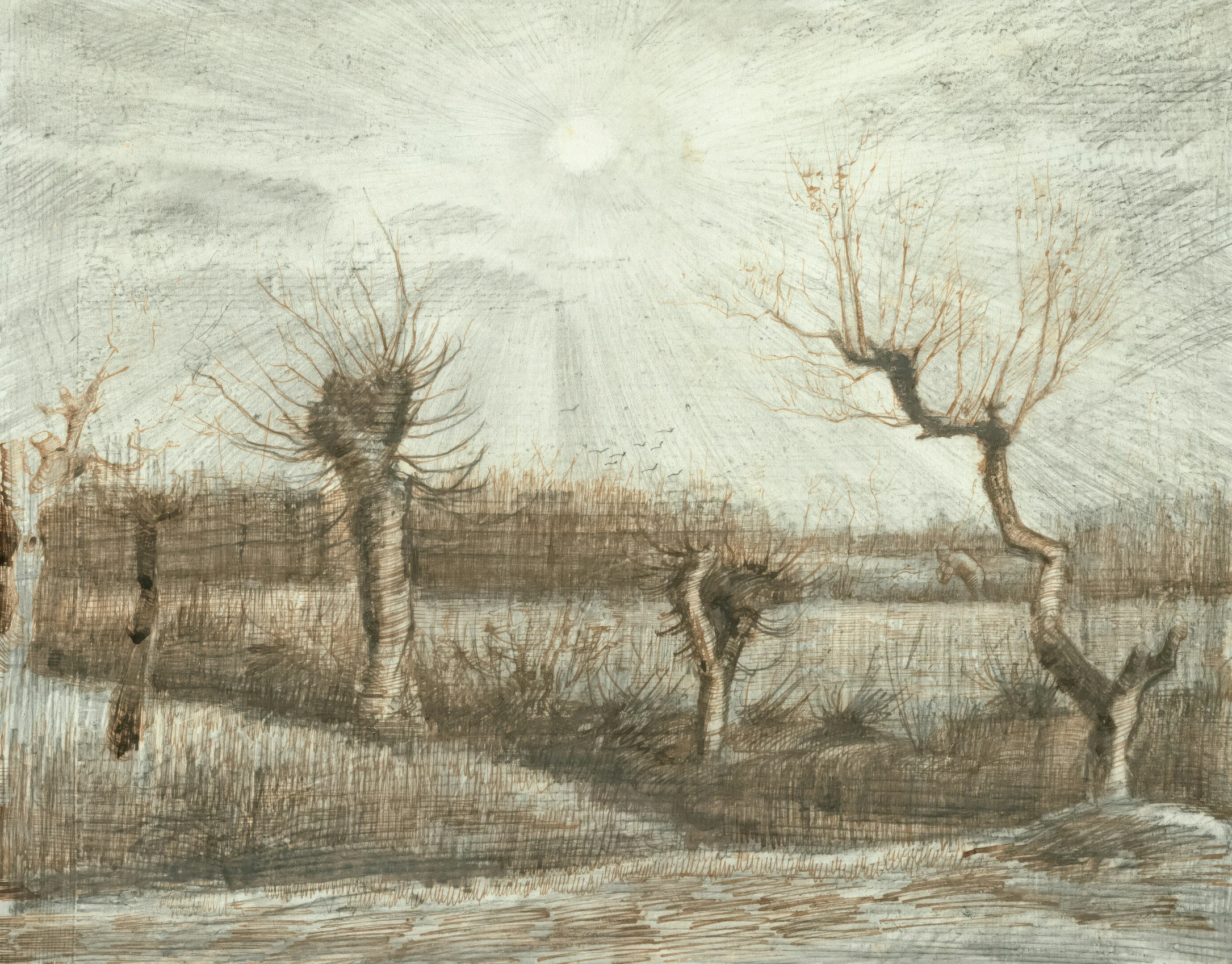 a drawing of two trees in front of some grass