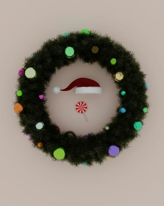 a wreath that has a candy cane and a hat on it