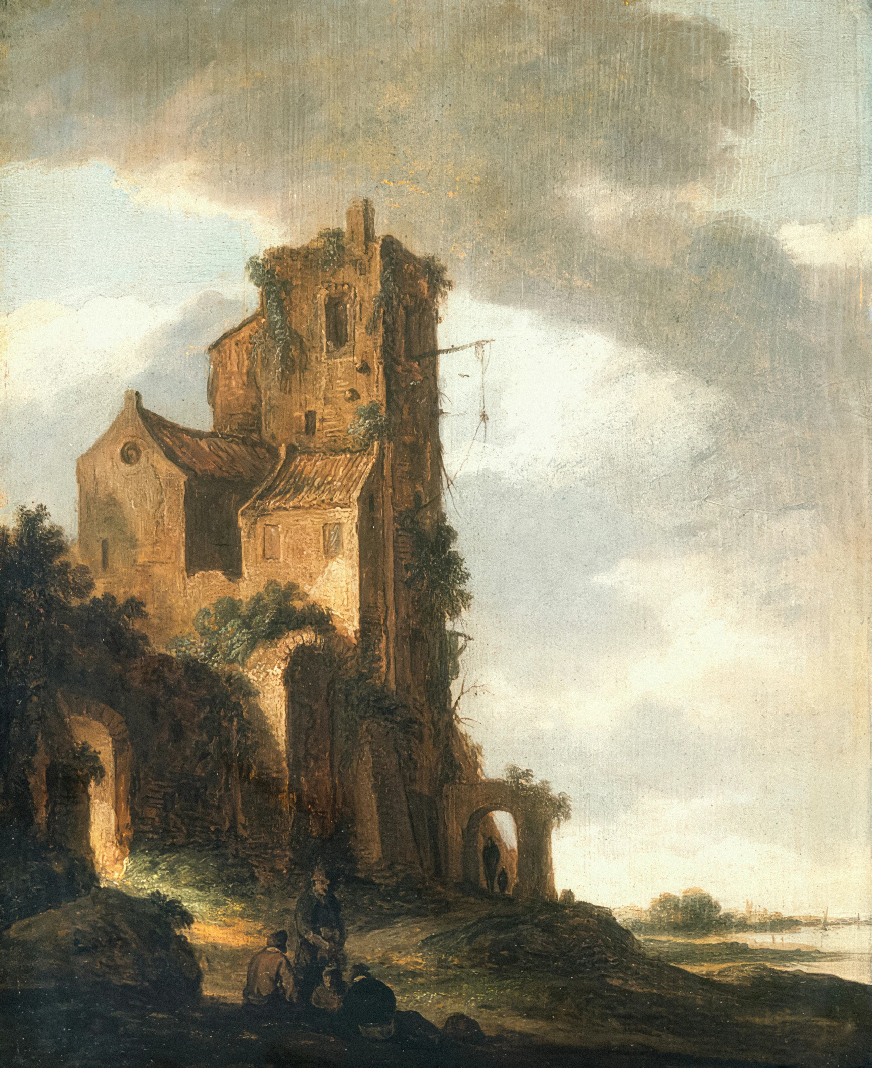 an old painting of an old castle in a landscape