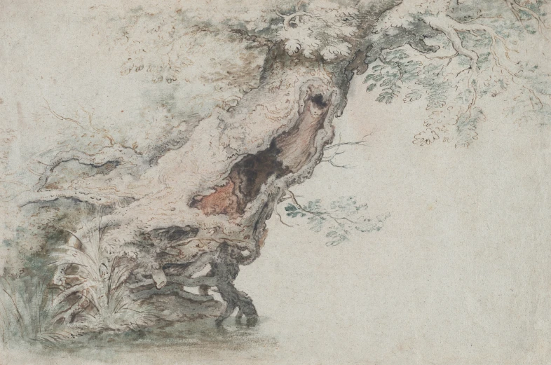 a painting shows a tree trunk that is rotting and has fallen to the ground