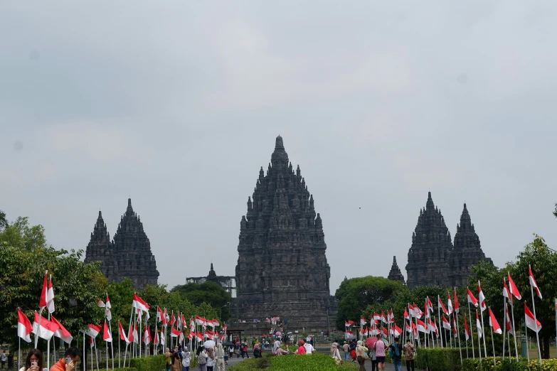 a large crowd of people walk among flags