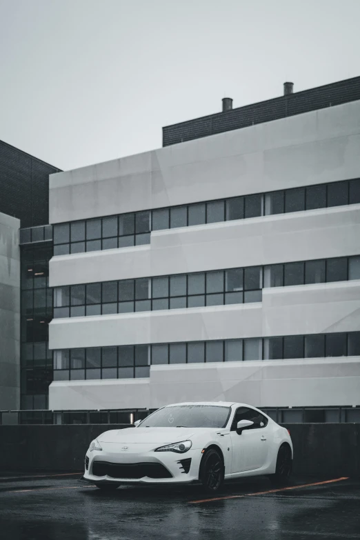 the new white sports car is parked outside a large building
