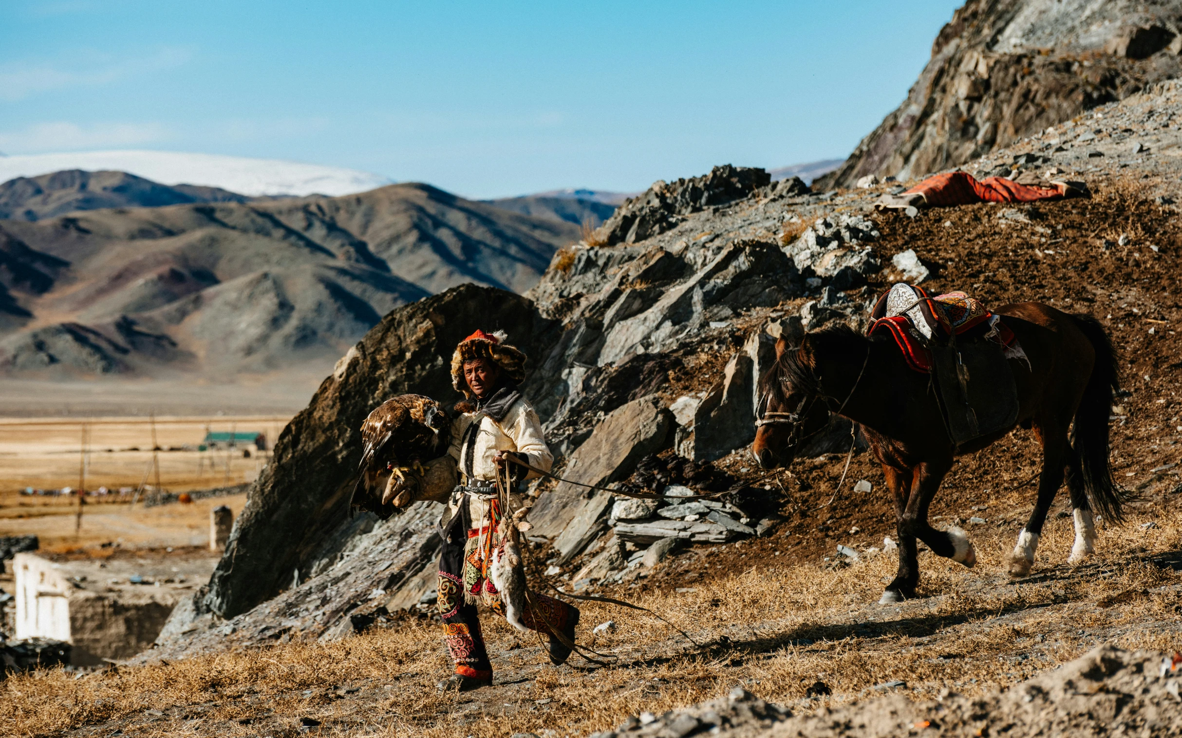 a woman leading a horse on the side of a hill