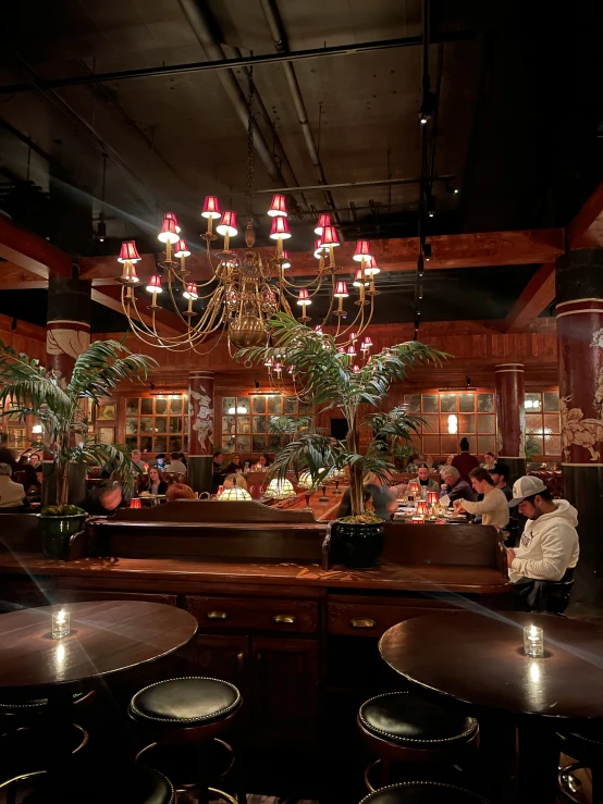 a restaurant with lots of tables and people sitting