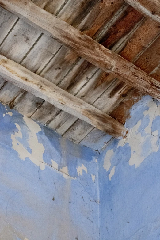 a blue painted wall with some wooden rafters