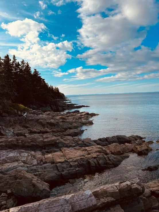 the rocky shore of an ocean is under a cloudy blue sky