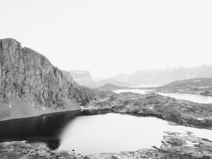 a large pond in the middle of mountains