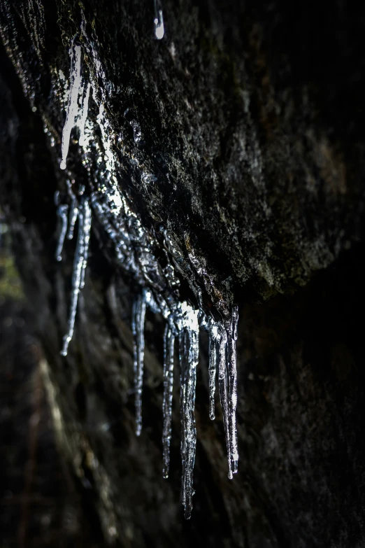 ice icicles are hanging off the side of a cliff