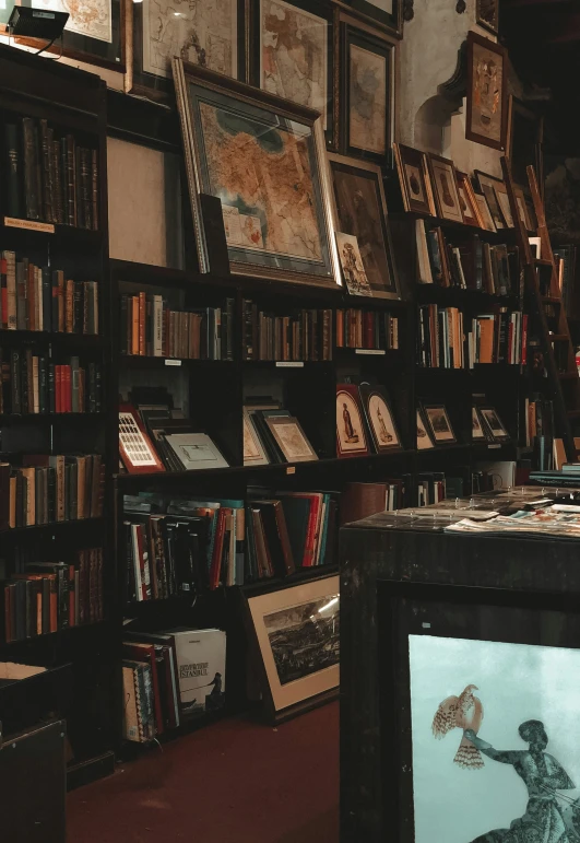 many books are on a book shelf behind a small television