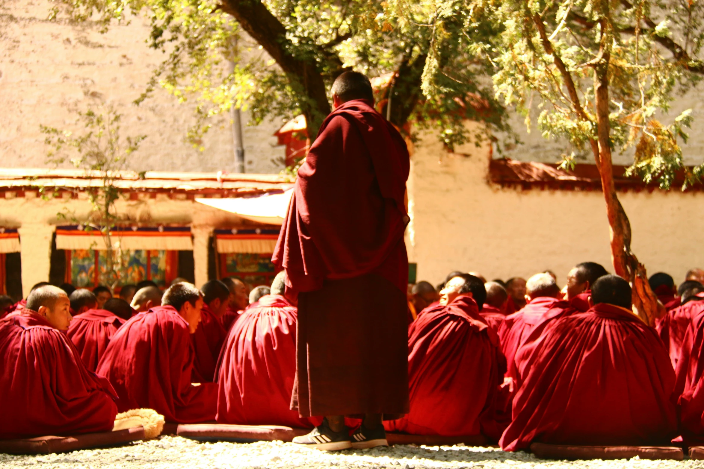 a group of monks sitting and standing on the ground